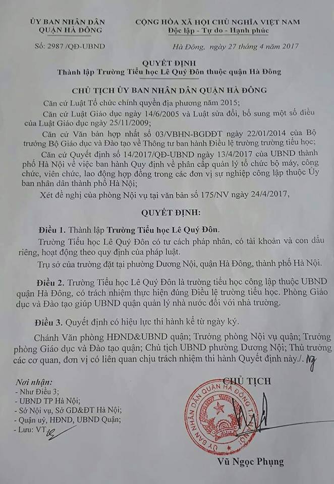 Quyết định thành lập trường Tiểu học Lê Quý Đôn Dương Nội